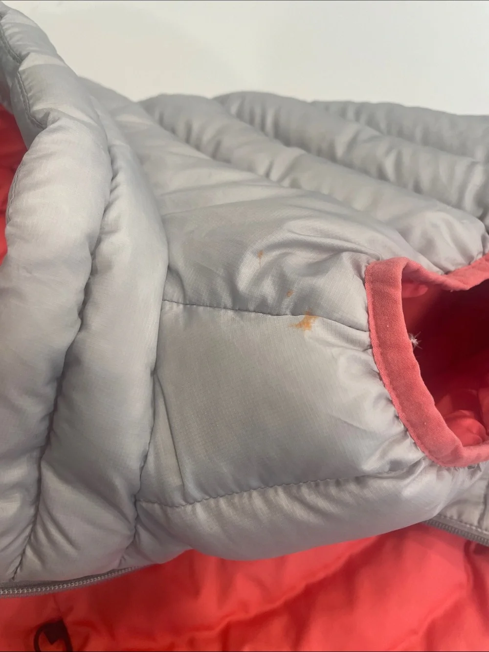 Patagonia Kids Puffer Vest in Light Gray with Coral Interior
